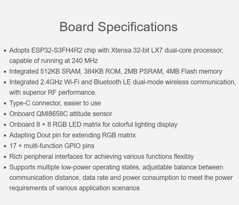 ESP32-S3 Matrix Development Board with 8×8 RGB LED Matrix, QMI8658C Attitude Sensor, 17 Multi-Function GPIO Pins,