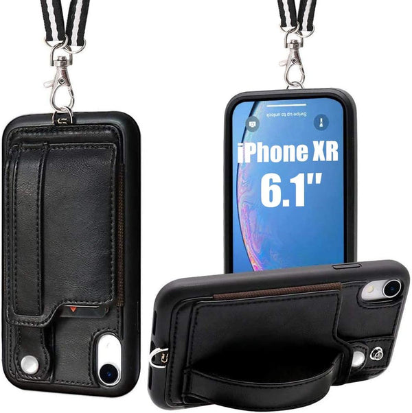 TOOVREN iPhone XR Wallet Case with Strap, Protective Cover with Stand, Adjustable Detachable Lanyard, Black