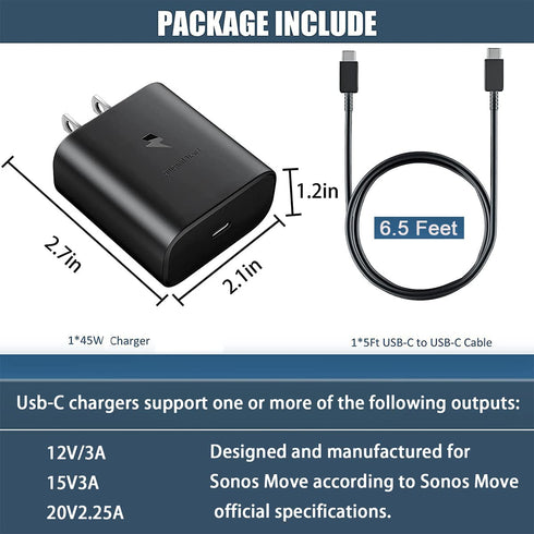 45W Charger for Sonos Move Bluetooth Speaker, Compatible with Sonos Move USB Type C Wall Travel Charger (6.5Ft)