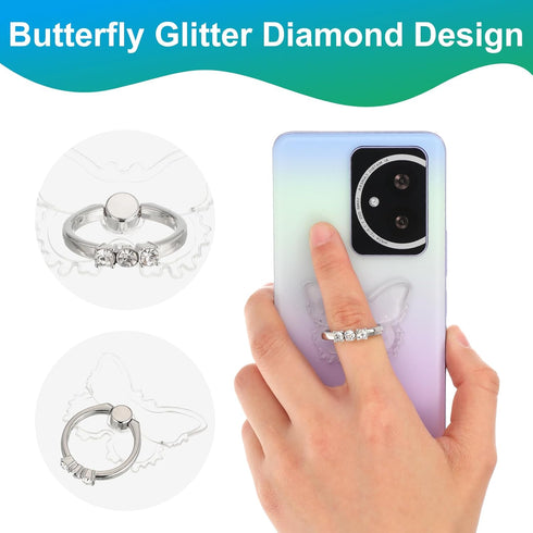 Yolev 2pcs 360 Phone Ring Holder Stand Clear Butterfly Clear Phone Grip Finger Kickstand with Diamond Rotation Phones