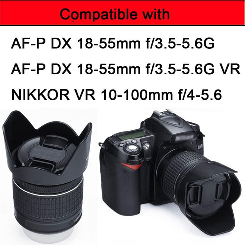 HB-N106 Lens Hood & 55mm Lens Cap for Nikon D5600 D5500 D3500 D3400 Camera kit AF-P DX 18-55mm f/3.5-5.6G VR Lens (1+1