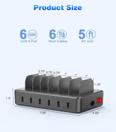 CREATIVE DESIGN 50W Charging Station, 6 Port Multiple USB Charger Station with 6 Cables for iPhone, iPad, Kindle, and