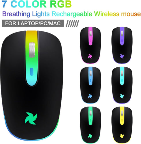 HZD LED Wireless Mouse, Slim Silent Rechargeable Optical Mouse with Type C Adapter, 3 Adjustable DPI Levels