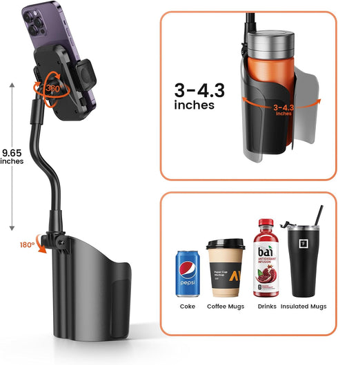 Cup Holder Phone Mount for Car, Universal 360° Adjustable Gooseneck Cell Phone Holder for Medium-Sized Vehicles,