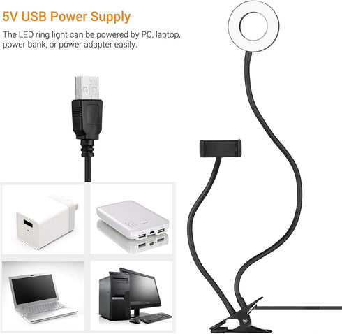 Andoer 3.5in 3 Webcam Light Stand Clip-On Mini USB Ring Light Lighting Modes Adjustable Flexible Arms Design with Phone