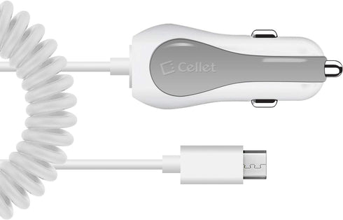 Cellet Micro-USB Car Charger with Built-in Coiled 4ft Long Micro USB Cable (Fast Charging 2.4 Amp)