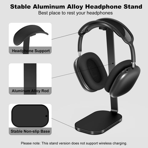 Headphone Stand for AirPods Max, Headset Holder with Aluminum Supporting Rod, Heavy Base Desk Stand Headphones Support Accessory for All Headphones - Black