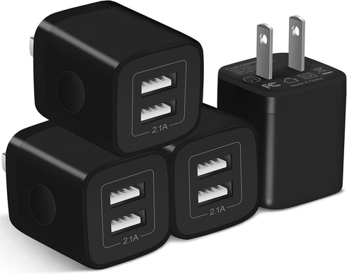 X-EDITION USB Wall Charger, 4-Pack 2.1A Dual Port USB Cube Power Adapter, Compatible with iPhone 13, 12, 11, Black