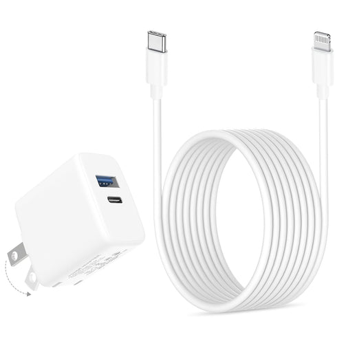 20W Dual Port Fast Charger for iPad 9th/8th/7th Gen 10.2 inch, iPad Air 3/2, with 6.6ft USB-C to Lightning Cable