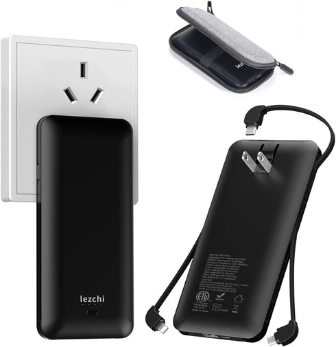 Ultra Slim 10000mAh Portable Power Bank with Built-in Cable, USB C External Battery Pack with Built-in AC Wall Plug,