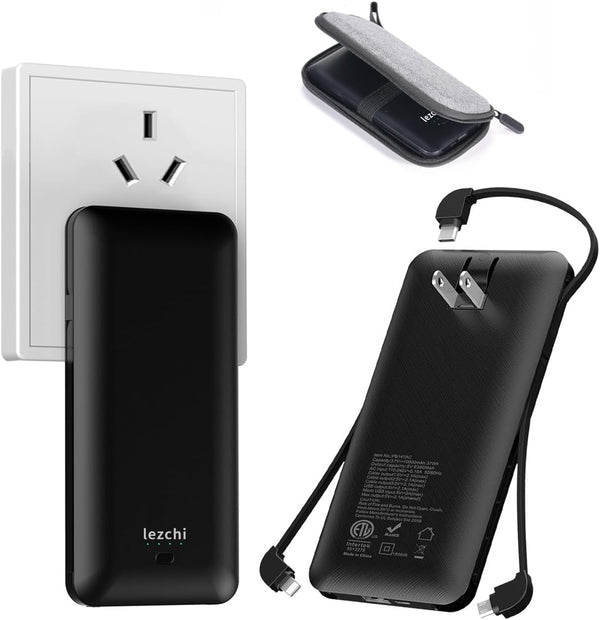 Ultra Slim 10000mAh Portable Power Bank with Built-in Cable, USB C External Battery Pack with Built-in AC Wall Plug,