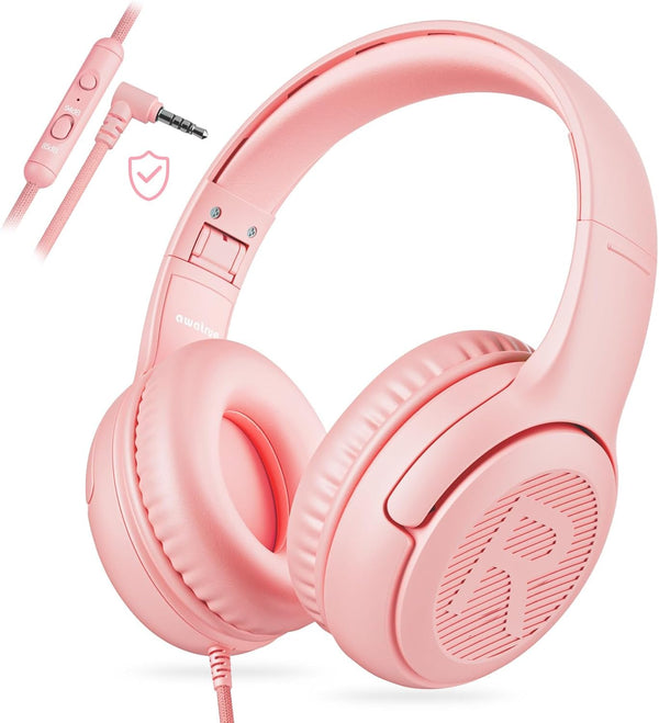 Kids Headphones with Microphone, Foldable Stereo Tangle-Free Wired Cord On-Ear Headset for Children/Teens, Pink