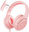 Kids Headphones with Microphone, Foldable Stereo Tangle-Free Wired Cord On-Ear Headset for Children/Teens, Pink