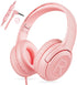 Kids Headphones with Microphone, Foldable Stereo Tangle-Free Wired Cord On-Ear Headset for Children/Teens, Pink