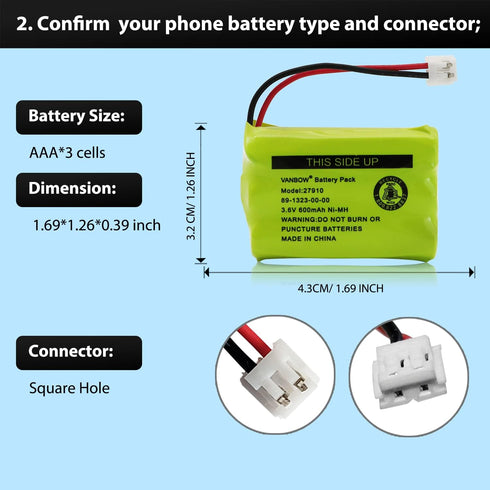 27910 Cordless Phone Battery for Motorola SD-7501, MD7161, AT&T, Ni-MH 3.6V (Pack of 2)