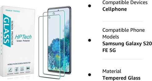 HPTech Tempered Glass Screen Protector (2 Pack) for Samsung Galaxy S20 FE, 9H Hardness, Fingerprint Reader, Case