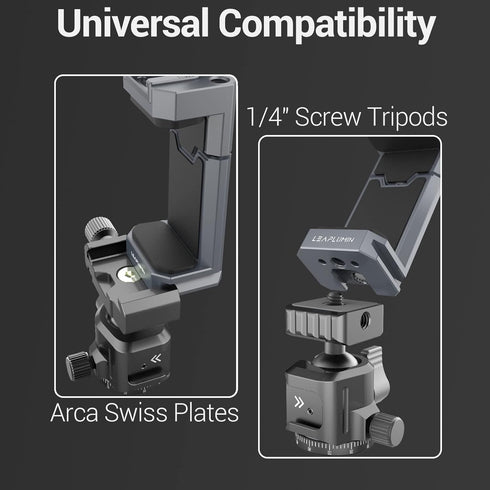 Aluminum Phone Mount for Tripod, Adjustable Phone Tripod Mount with Cold Shoe & Arca Swiss Quick Release Plate