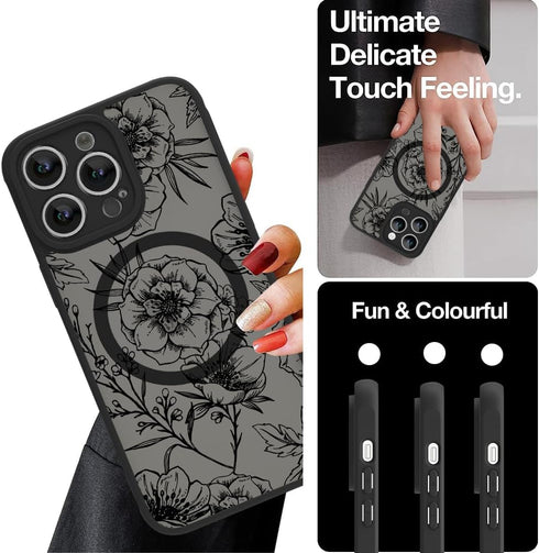 OOK Black Floral Pattern Magnetic Case for iPhone 13 Pro, Compatible with MagSafe, Slim Translucent Matte Protection
