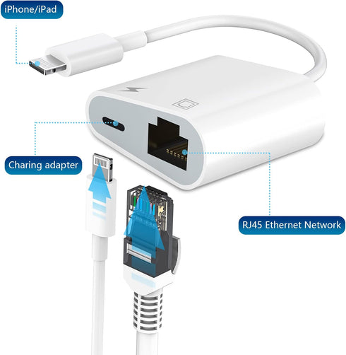 Lightning to Ethernet Adapter, Apple MFi Certified 2 in 1 RJ45 Ethernet LAN Network Adapter with Charge Port
