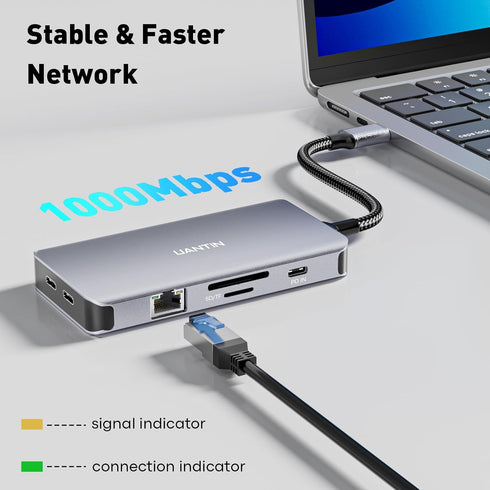 UANTIN 3 4K 60Hz 2 1Gbps 100W 2 USB C Docking Station Dual Monitor, Laptop Docking Station Monitors Triple Display