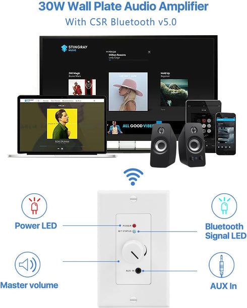 TNP Wireless Bluetooth Audio Receiver Wall Plate Mount, BT 5.0 aptX Music Streaming Adapter for 4 Speakers