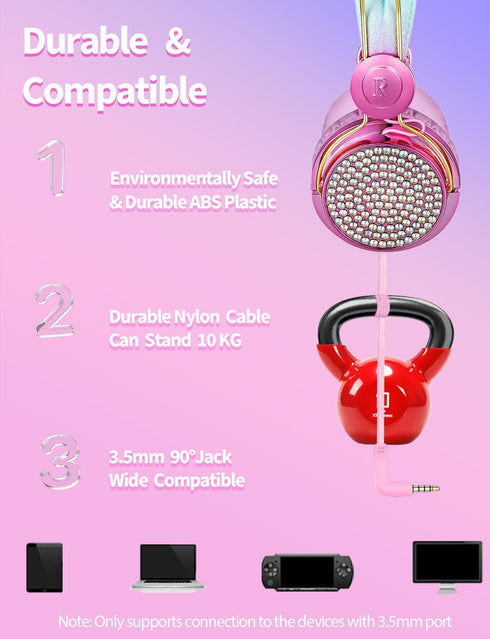 Hot Pink Kids Unicorn Headphones with Mic, 95dB Volume Limited, Shareport, On/Over Ear Wired, Perfect for School/Travel.