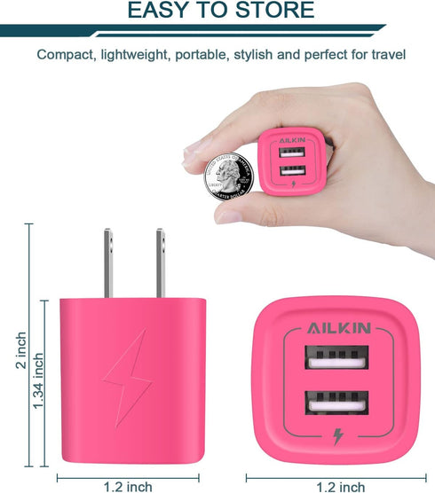 AILKIN Wall Charger, USB Plug Fast Charging Block, 2 Port Travel Brick Power Adapter Cube for iPhone 15/14/13/12