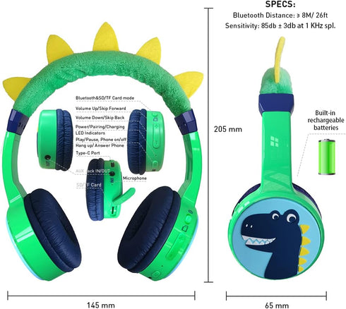 Kids Bluetooth Headphones with 85dB Safe Volume, SD Card Slot Music Sharing Function for Boys Girls School Headset