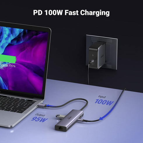 UGREEN Revodok 7 in 1 USB C Hub - Gigabit Ethernet Adapter with 4K@60Hz HDMI, 100W PD Charging, USB A Data Ports, SD/TF