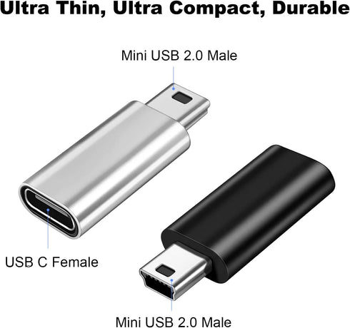 AreMe Mini USB 2.0 to USB C Adapter (4 Pack), Black+Silver Converter for Digital Camera, MP3 Players, GPS, Dash Cam