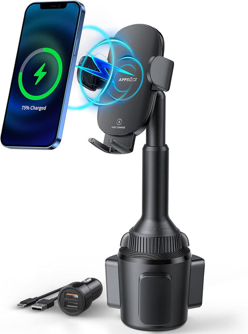 Cup Holder Phone Mount with Wireless Car Charger 15W Qi Fast Charging, Adjustable Cupholder Phone Holder for iPhone