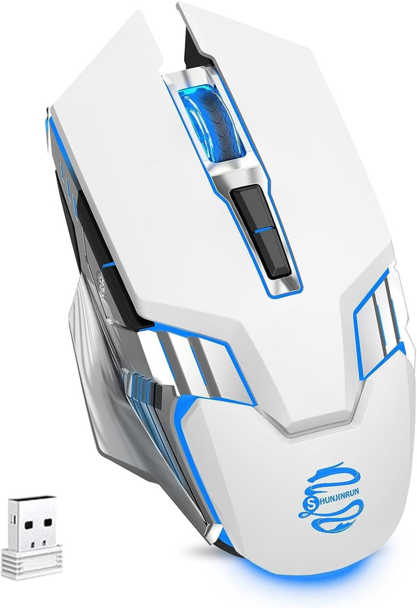White Bluetooth Mouse, Rechargeable USB Wireless Dual Mode with RGB Light, Ergonomic for Laptop, MacBook