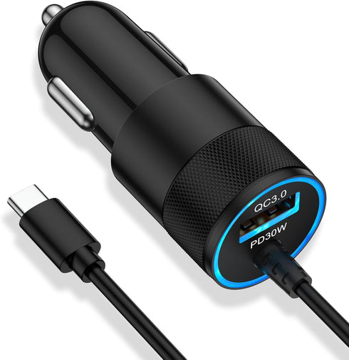 30W USB C Fast Car Charger with 3ft Cable for Samsung Galaxy S24/S23/S22/S21/S20+ and iPhone 15 Plus Pro Max
