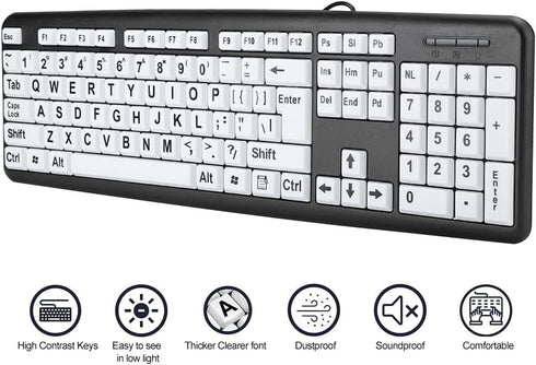 Luqeeg Large Print Computer Keyboard, USB Wired 104 Keys Black White High Contrast Keyboard for Low Vision Users
