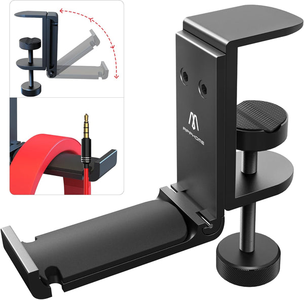 Headphone Hook Desk, Foldable Headset Holder Clamp Hanger Mount with Built-in Cable Clip Organizer