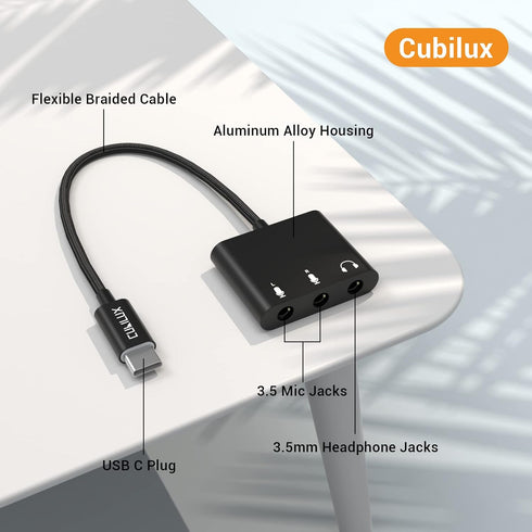 Cubilux Dual TRS Microphone to USB Connector, Type C to 2-Way MIC Adapter for iPad Pro, Samsung S24, Pixel 8/7/6 Pro