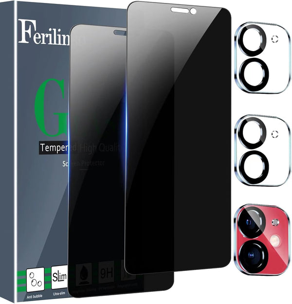 Ferilinso Privacy Screen Protector for iPhone 11 (4 Pack) + 2 Pack Camera Lens Protectors & Anti-Spy Tempered Glass