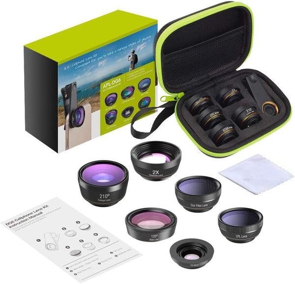 Phone Camera Lens, 6 in 1 Clip on Lens Kit with Fisheye, Macro, Wide Angle, Zoom, Polarization, and Starlight Lenses