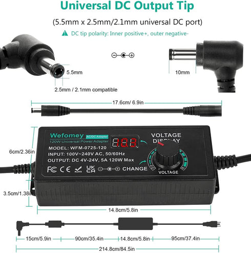 Wefomey 120W 3V 24V 100V-240V 24V 5A 14 5000mA Universal Power Supply Adjustable DC ~ Variable Switching AC/DC Adapter