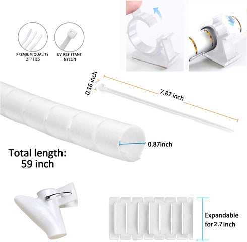 White Cable Management Sleeve Tubes, Power Cord Organizer Protectors for Pets, 2 PCS with Electrical Cable Clips