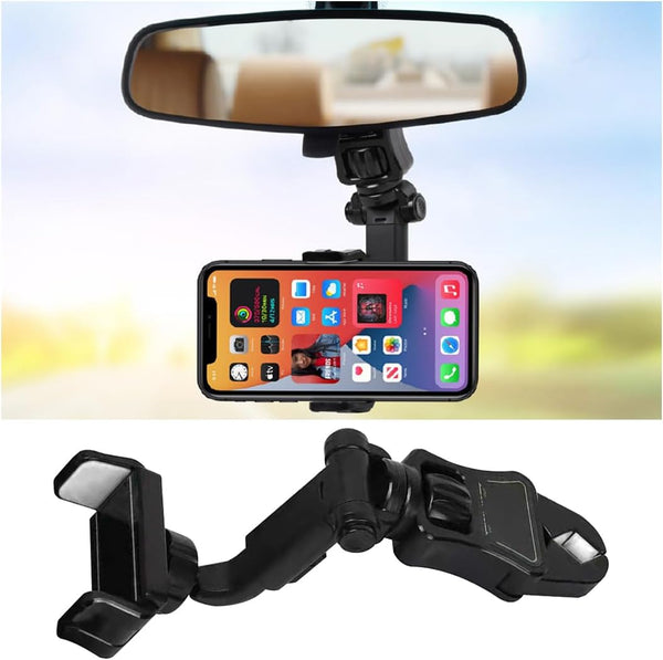 Car Rear View Mirror Phone Holder, 360° Rotating Mount, ABS Multi-Functional Adjustable Cellphone Holder for All