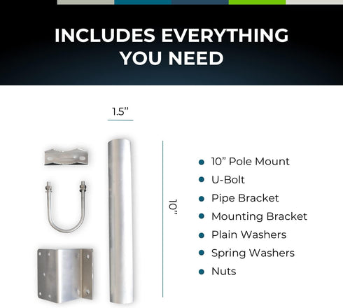 10” Inch Pole Mount Accessory for Outside Antenna (Signal Booster, Yagi Antenna, Expansion Kit) - with U-Bracket