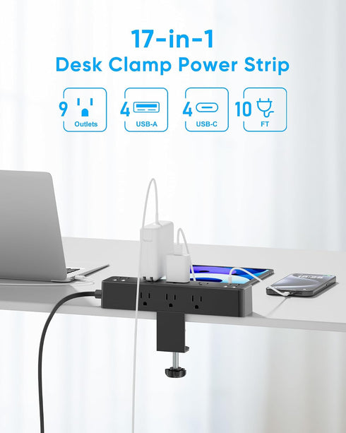 Acozvin 10FT, 24W 9 8 1.7" Flat Plug Desk Clamp Power Strip Total Charging Station, Desk Edge Mount Power Strip AC