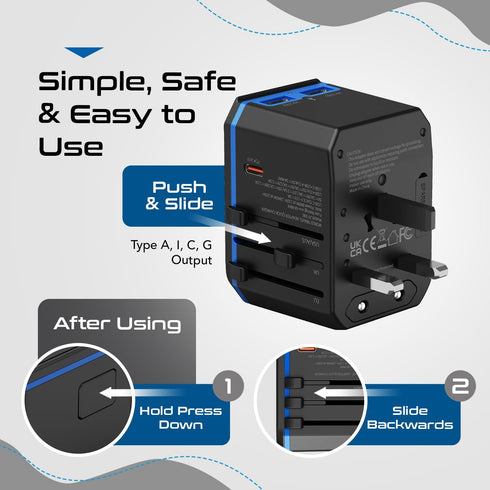 Ceptics Universal Travel Plug Adapter - 33W with PD & QC 3.0 USB-C Fast Charging, 2 USB Ports