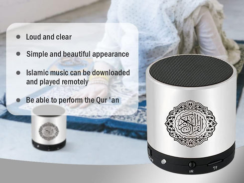 Digital Quran Speaker FM Radio, Silver Color, Remote Control, 18 Reciters & 15 Translations, Quality Qur'an Player,