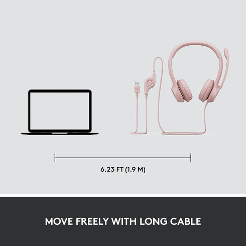 Logitech H390 Wired Headset for PC/Laptop, Stereo Headphones with Noise Cancelling Microphone, USB-A, Rose