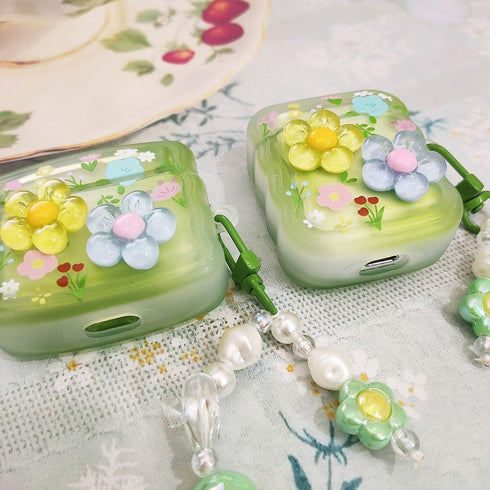 for AirPods Case with Cleaner Kit, Cute 3D Curly Wave Frame Flowers Design Preppy Fashion with Keychain, Soft TPU