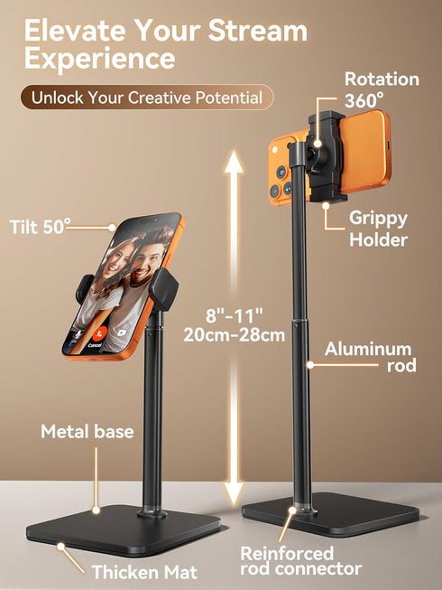 tounee 8-11" 17/16/15, 4-7" Phone Stand for Desk, Height Adjustable Cell Phone Holder for Live Streaming, Video