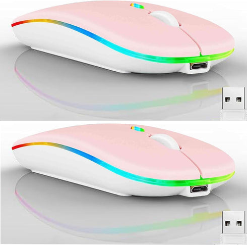 2 Pack Wireless Bluetooth Mouse - LED Dual Mode Rechargeable Silent Slim Laptop Mouse for Laptop, Desktop, Tablet (Pink)