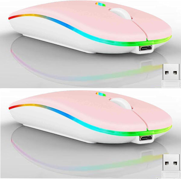 2 Pack Wireless Bluetooth Mouse - LED Dual Mode Rechargeable Silent Slim Laptop Mouse for Laptop, Desktop, Tablet (Pink)